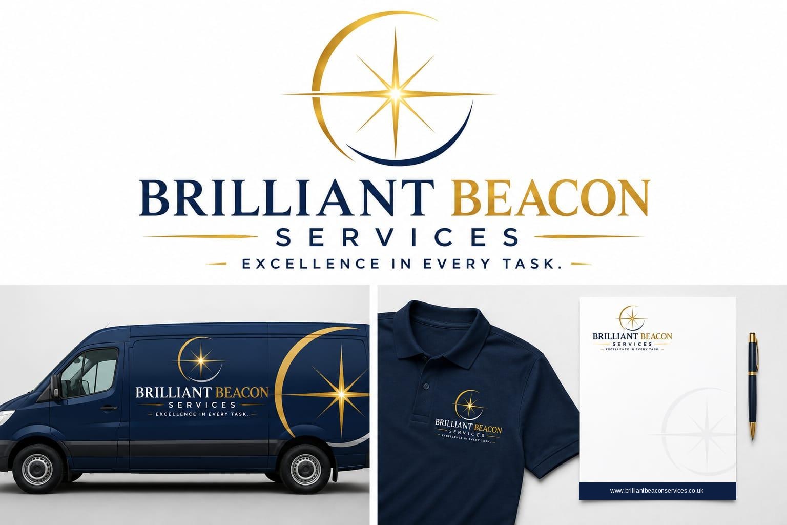 Brilliant Beacon Services brand identity: logo, liveried van, branded polo shirt and letterhead.