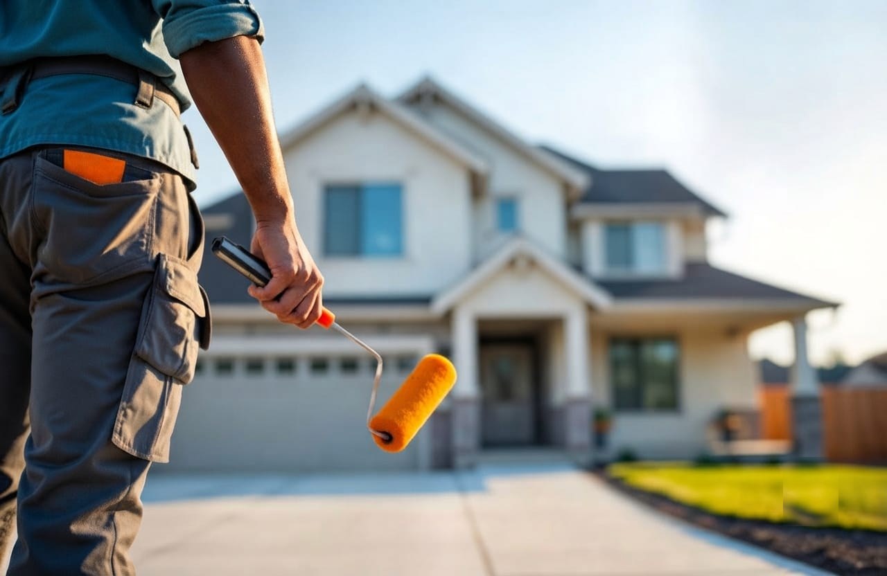 Painter holding a roller in front of a house ready for exterior painting work.