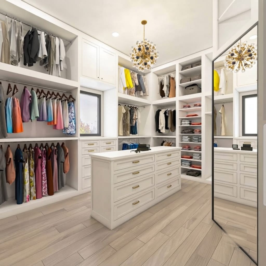Beautifully finished walk-in wardrobe with fitted shelving, drawers and a full-length mirror.