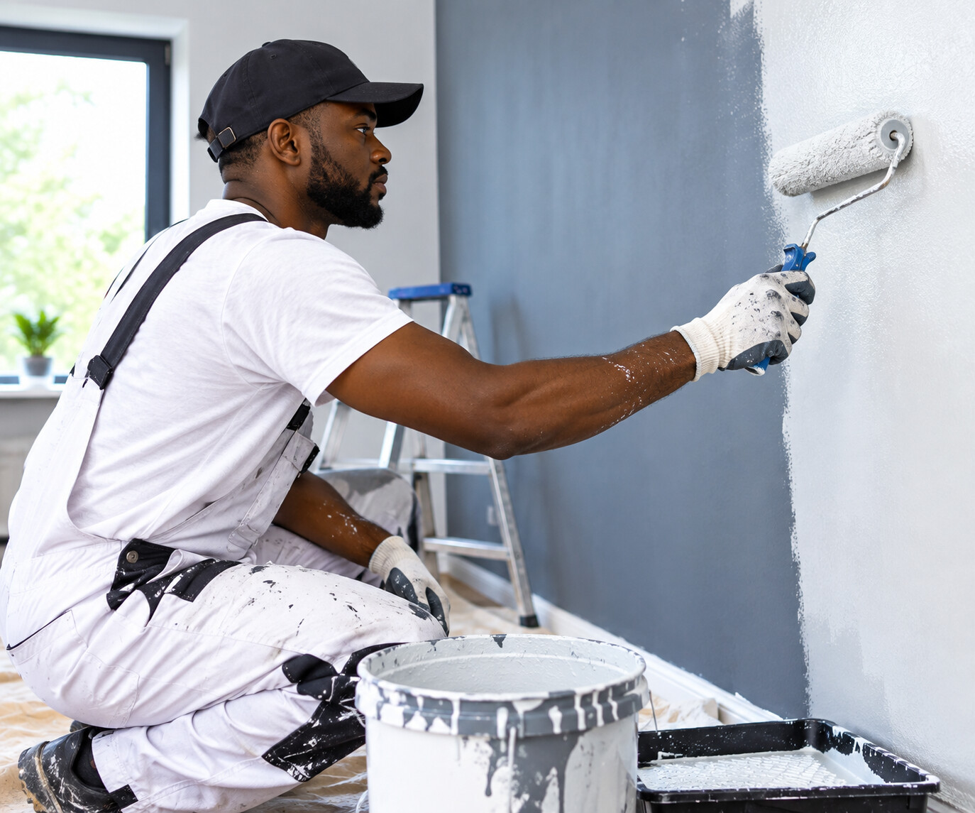 Decorator using a roller to apply paint to an interior wall.