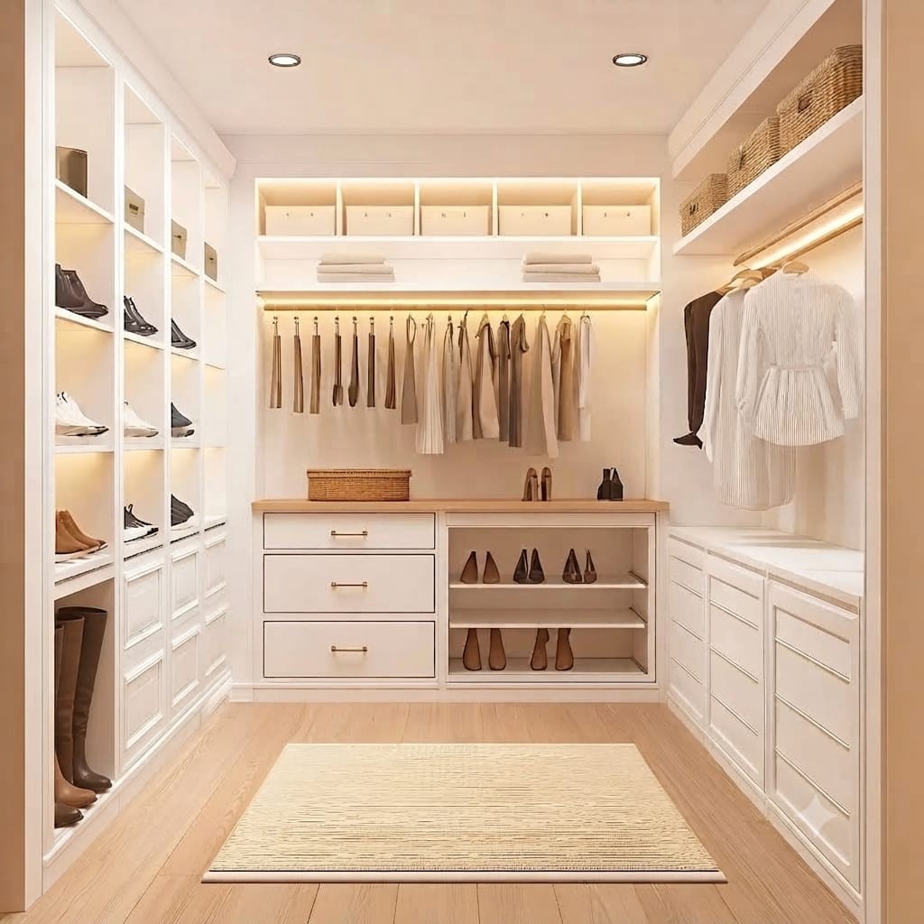 Fitted walk-in wardrobe with shoe shelving, hanging rails and drawer units.